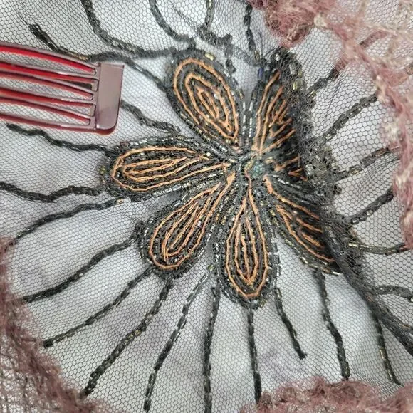 50s Tambour Embroidery Beaded Women's Hat Facinator Pillbox Mesh - Picture 13 of 16